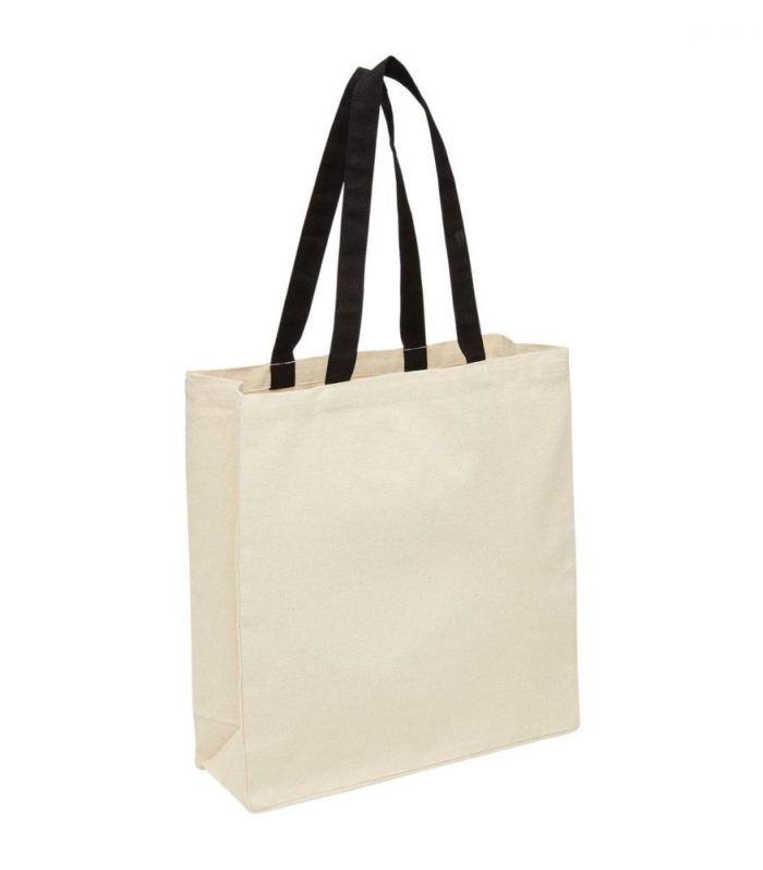 HEAVY DUTY CANVAS TOTE GUSSET-NATURAL BLACK HANDLE
